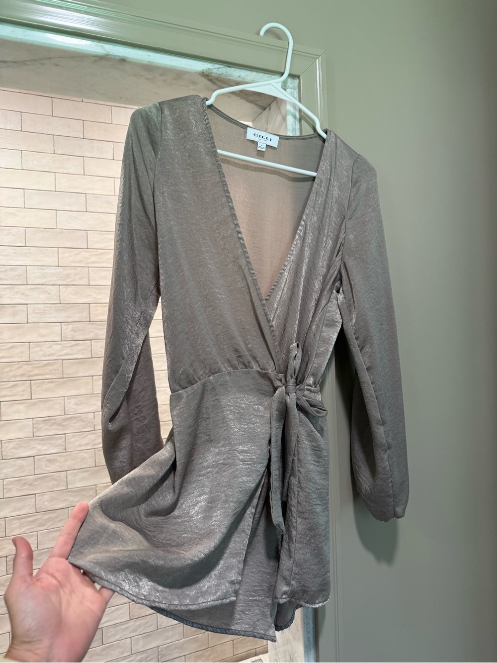 Gilli Shimmery Taupe Wrap Romper with Tie Waist